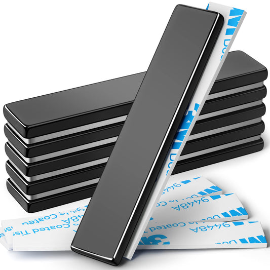 6 Pack Super Strong Neodymium Bar Magnets with Double-Sided Adhesive, Strong Magnet Heavy Duty, Magnets with Adhesive Backing for Fridge, Whiteboard - 60x10x3mm - Black
