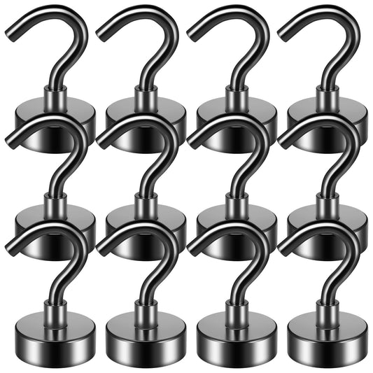 FINDMAG 12 Pack Black Magnetic Hooks 30LBS Neodymium Magnet Hooks, Magnet with Hook Strong Magnetic Hook for Hanging, Refrigerator, Grill, Kitchen, Key Holder