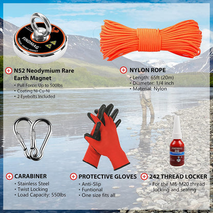 FINDMAG Super Strong Neodymium Fishing Magnets Kit, 500 LBS Pulling Force Magnet Fishing Kit, Diameter 2.36 inch(60 mm) Fishing Magnet for Retrieving in River and Magnet Fishing