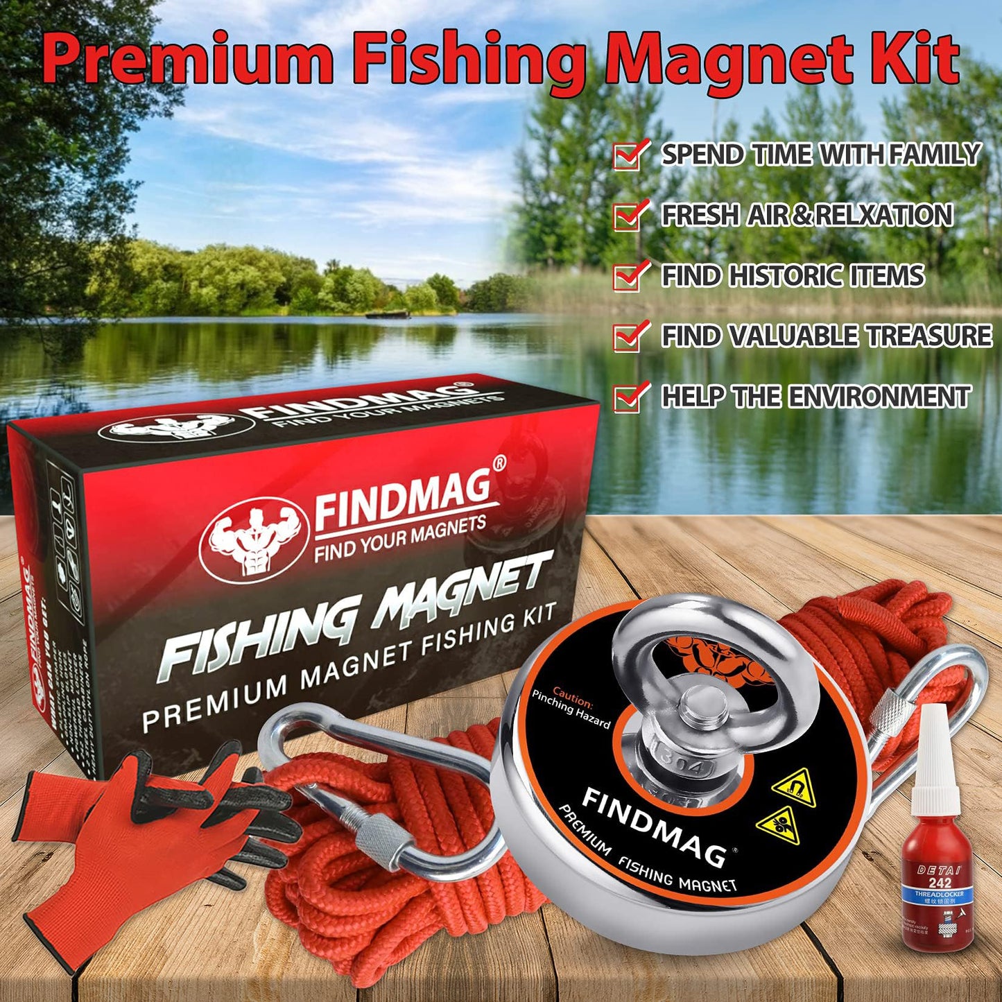 FINDMAG Super Strong Neodymium Fishing Magnets Kit, 500 LBS Pulling Force Magnet Fishing Kit, Diameter 2.36 inch(60 mm) Fishing Magnet for Retrieving in River and Magnet Fishing