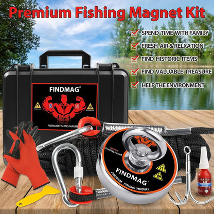 FINDMAG Magnet Fishing Kit with Case Fishing Magnets 1000 LBS Pulling Force Super Strong Neodymium Round Magnet for Heavy Duty Use - 3.54inch Diameter