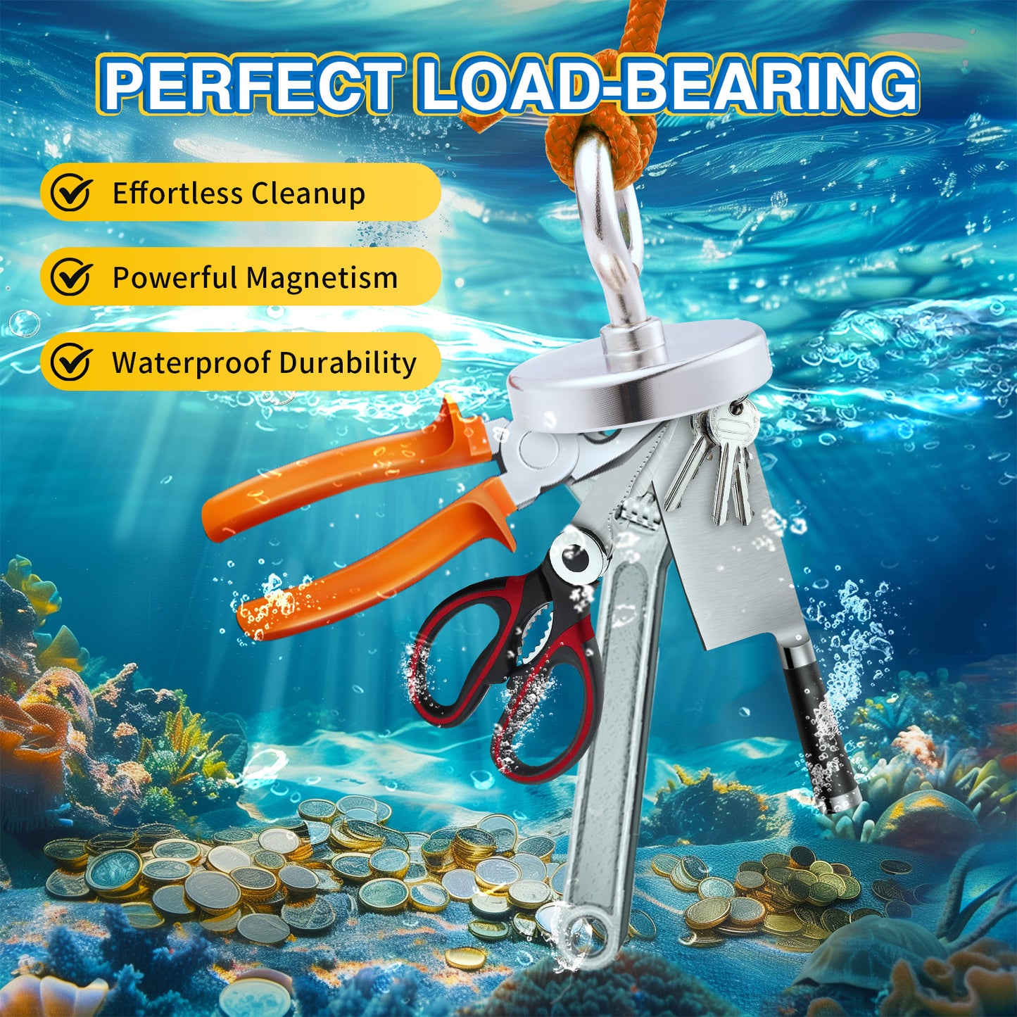 FINDMAG Fishing Magnets 300 LBS Pulling Force 2 inch Neodymium Rare Earth Magnet with Lifting Eye-Bolt, Super Strong Round Magnet for Retrieving Items in Lake, Beach, Lawn and New House