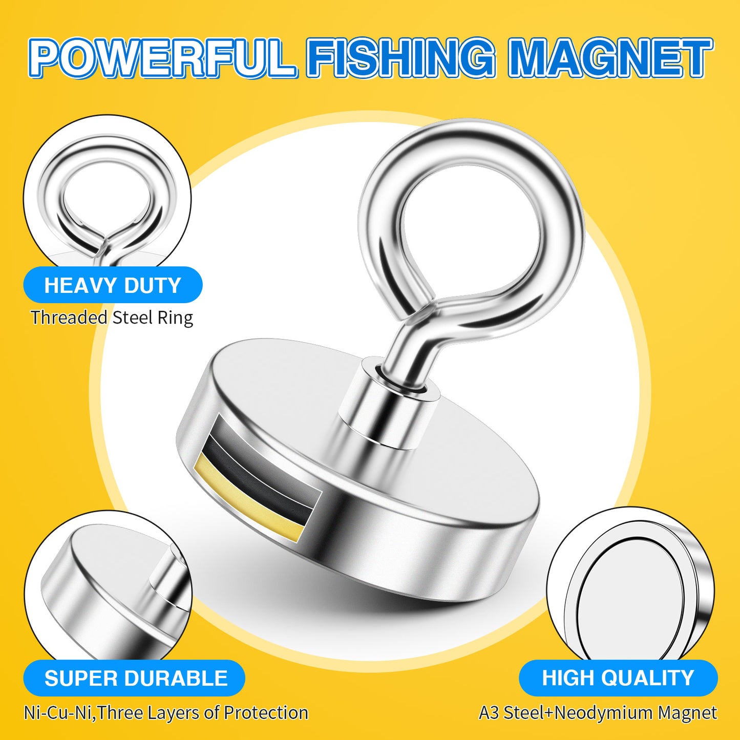 FINDMAG Fishing Magnets 300 LBS Pulling Force 2 inch Neodymium Rare Earth Magnet with Lifting Eye-Bolt, Super Strong Round Magnet for Retrieving Items in Lake, Beach, Lawn and New House