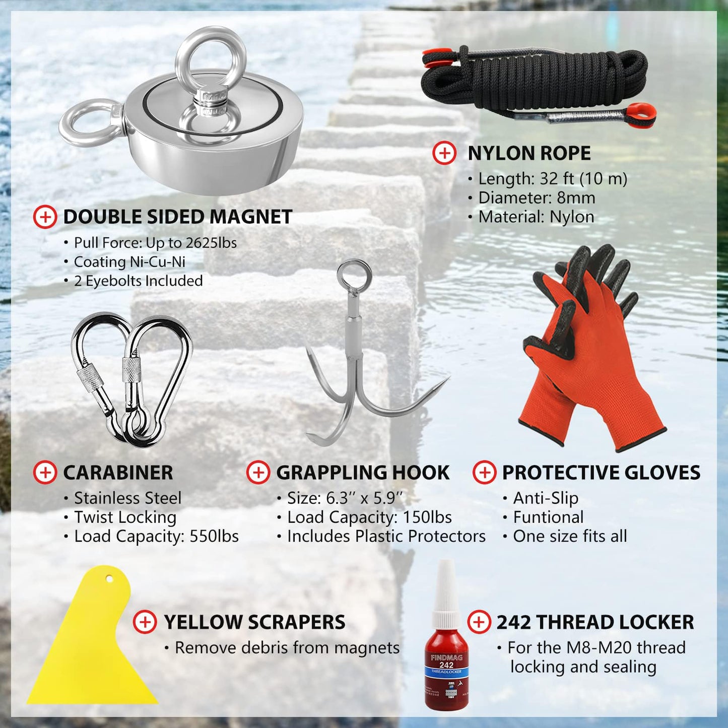 2625 lbs Fishing Magnet Kit, Double Sided Magnet Fishing Kit with Rope, Super Strong Fishing Magnet for Retrieving Items in River, Lake, Beach, Lawn, 4.57" Diameter