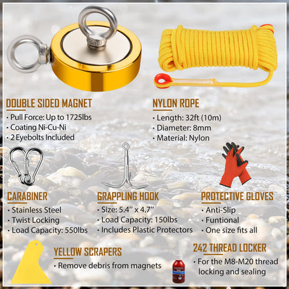 FINDMAG 1725 lbs Magnets Fishing Kit Fishing Magnet, 3.7" Diameter Fishing Magnet Kit for Magnetic Fishing and Retrieving Items in River, Lake
