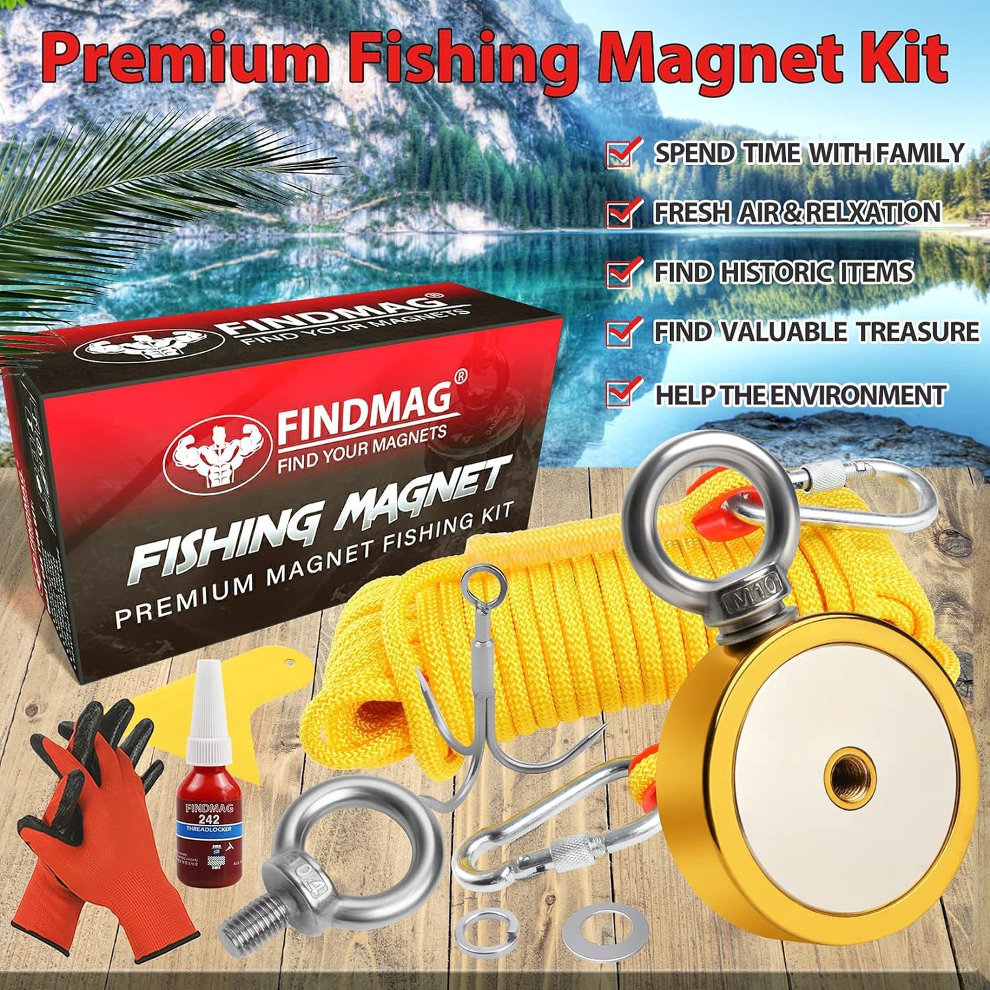 FINDMAG 1725 lbs Magnets Fishing Kit Fishing Magnet, 3.7" Diameter Fishing Magnet Kit for Magnetic Fishing and Retrieving Items in River, Lake