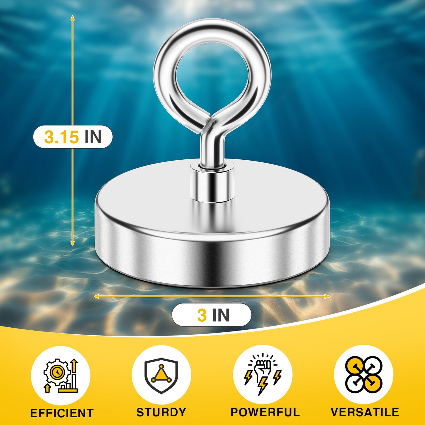 FINDMAG Super Strong Fishing Magnet, 700 lbs Pulling Force, Neodymium Rare Earth Magnet with Countersunk Hole Eyebolt, Large Magnet for Remover, Diameter 2.95 inch(75 mm)