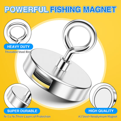 FINDMAG Super Strong Fishing Magnet, 700 lbs Pulling Force, Neodymium Rare Earth Magnet with Countersunk Hole Eyebolt, Large Magnet for Remover, Diameter 2.95 inch(75 mm)