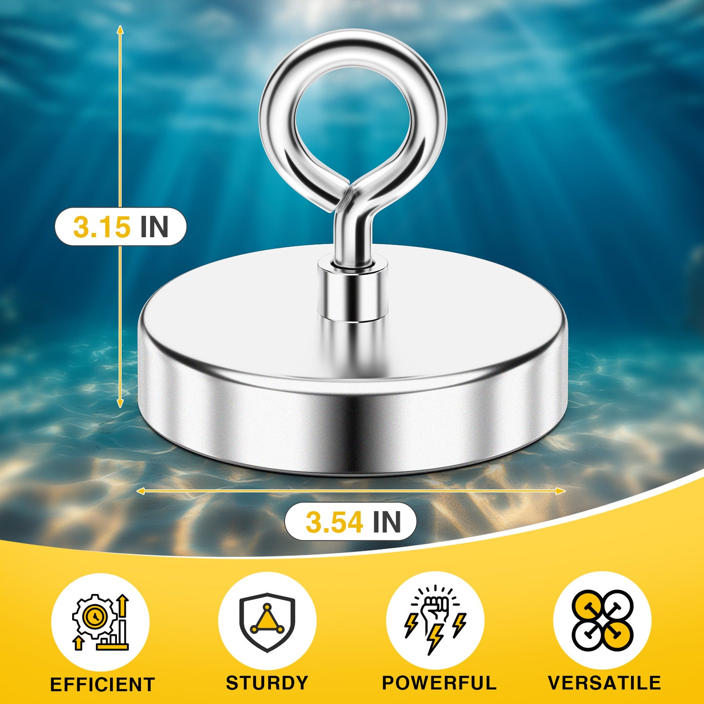 FINDMAG Super Strong Fishing Magnet, 1000 lbs Pulling Force, Neodymium Rare Earth Magnet with Countersunk Hole Eyebolt, Large Magnet for Remover, Diameter 3.54 inch(90 mm)