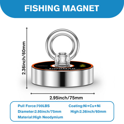 FINDMAG Magnet Fishing Kit, Strong Magnet for Fishing Case, 700 lbs Pulling Force Fishing Magnets for Retrieving Items in River, Lake, Beach, Lawn, 2.95" Diameter