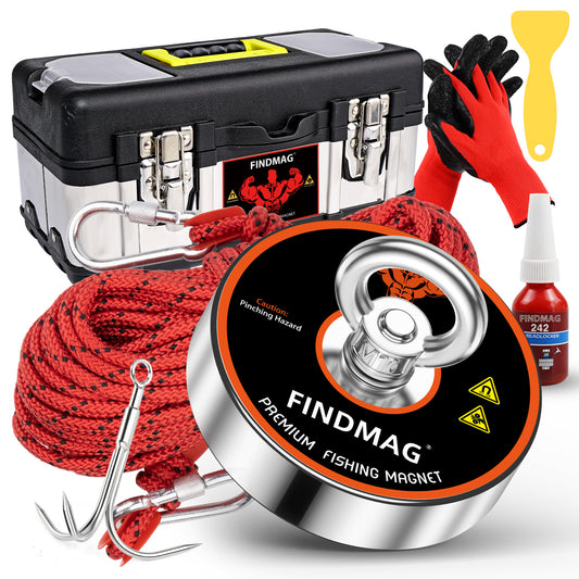 FINDMAG Magnet Fishing Kit, Heavy Duty Magnet for Magnet Fishing, 1000lbs Pulling Force, Including a 20 Meter Rope, a Carry Case, Gloves, a Grappling Hook, a Yellow Scraper, 3.54" Diameter