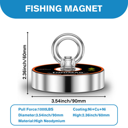 FINDMAG Magnet Fishing Kit, Heavy Duty Magnet for Magnet Fishing, 1000lbs Pulling Force, Including a 20 Meter Rope, a Carry Case, Gloves, a Grappling Hook, a Yellow Scraper, 3.54" Diameter