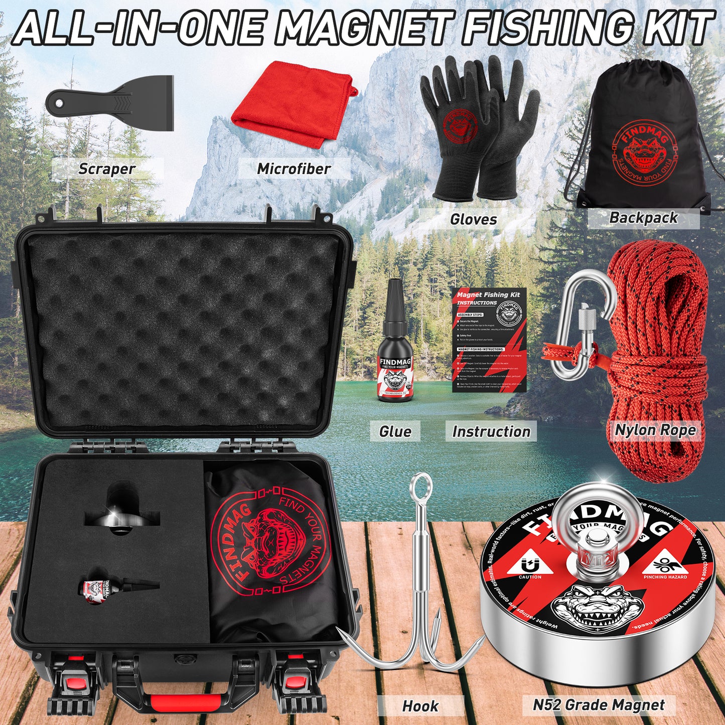 FINDMAG 2000 lbs+ Magnet Fishing Kit, Diameter 4.72inch(120mm), N52 Super Strong Magnet for Fishing with Carry Case, Gloves, 65ft Rope, Backpack, Scraper, 10 Piece Complete Set Fishing Magnet Kit
