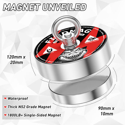 FINDMAG 2000 lbs+ Magnet Fishing Kit, Diameter 4.72inch(120mm), N52 Super Strong Magnet for Fishing with Carry Case, Gloves, 65ft Rope, Backpack, Scraper, 10 Piece Complete Set Fishing Magnet Kit