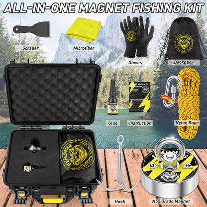 FINDMAG Magnet Fishing Kit, 1000 lbs Strong N52 Magnet for Fishing, Diameter 2.95inch(75mm), Fishing Magnet with Case, Gloves, 65ft Rope, Backpack, Scraper, 10 Piece Complete Set Fishing Magnet Kit